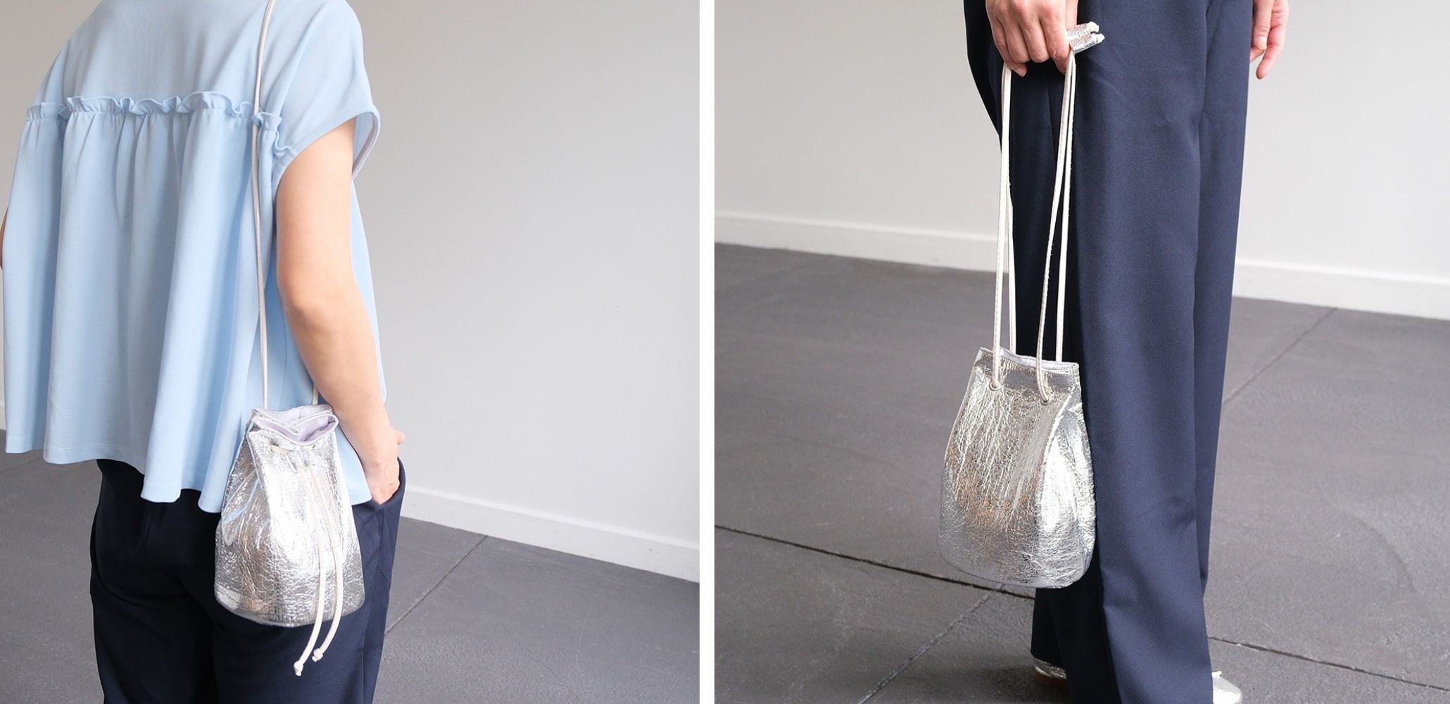 肩ひものアジャスターを調整して、ショルダーバッグとハンドバッグの二通りの持ち方を楽しめる「stella(コフレ)」スタイリング例。