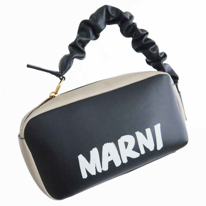 MARNI/スムースカーフスキンポシェットギャザードハンドル ブラック＆ベージュ