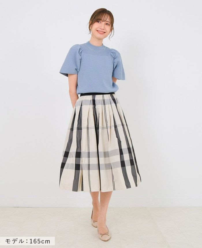 トレコード(TRECODE)黒ゴムフレアスカートモノトーンチェック柄ホワイトカラー