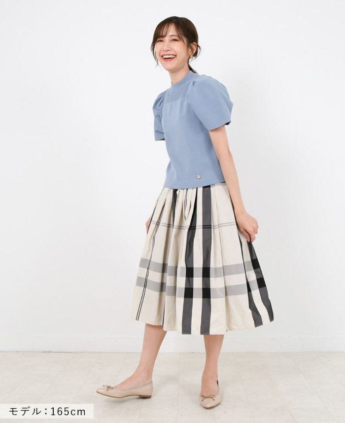 トレコード(TRECODE)黒ゴムフレアスカートモノトーンチェック柄ホワイトカラー