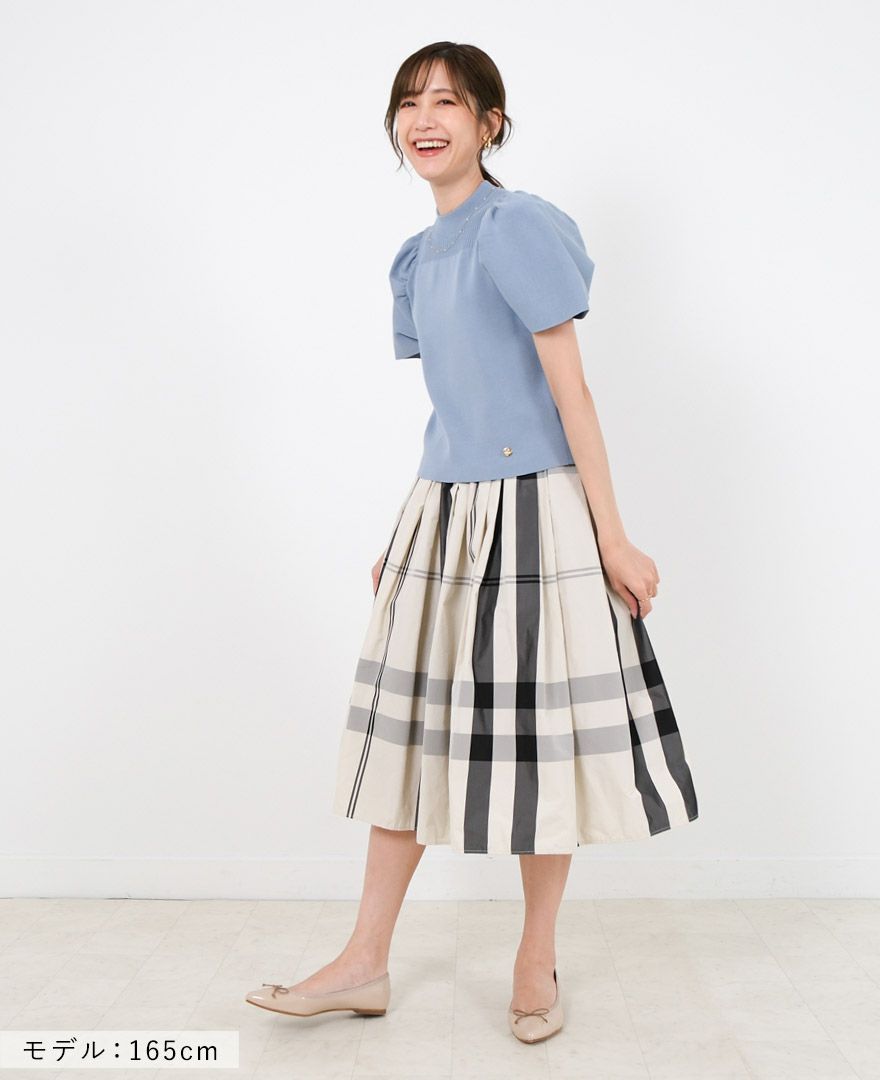 トレコード(TRECODE)黒ゴムフレアスカートモノトーンチェック柄ホワイトカラー