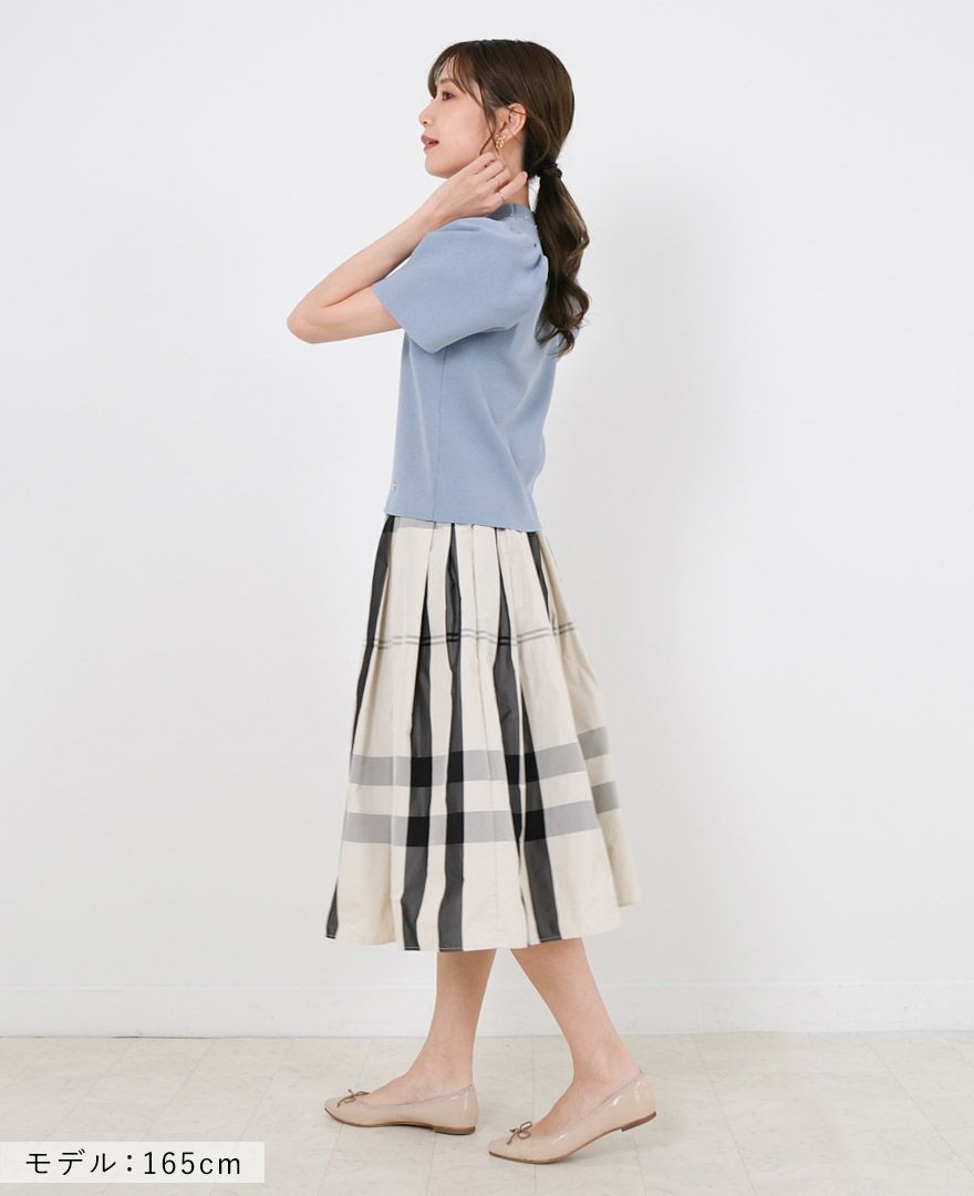 トレコード(TRECODE)黒ゴムフレアスカートモノトーンチェック柄ホワイトカラー