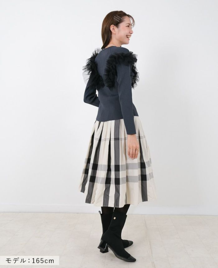 トレコード(TRECODE)黒ゴムフレアスカートモノトーンチェック柄ホワイトカラーマキシ丈