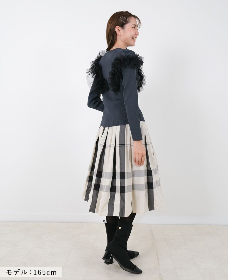 トレコード(TRECODE)黒ゴムフレアスカートモノトーンチェック柄ホワイトカラーマキシ丈