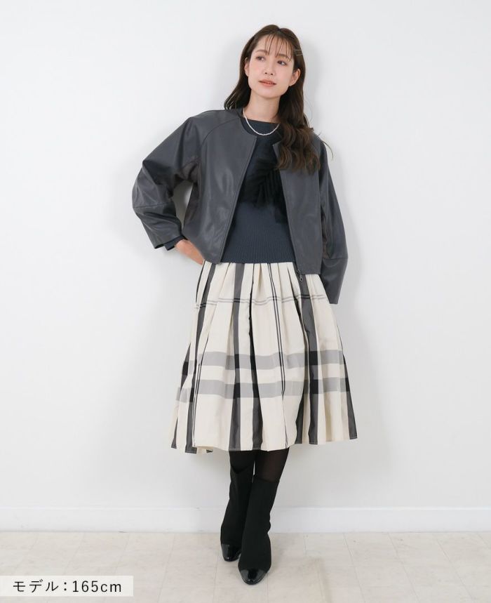 トレコード(TRECODE)黒ゴムフレアスカートモノトーンチェック柄ホワイトカラーマキシ丈