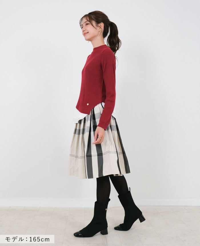 トレコード(TRECODE)黒ゴムフレアスカートモノトーンチェック柄ホワイトカラーマキシ丈