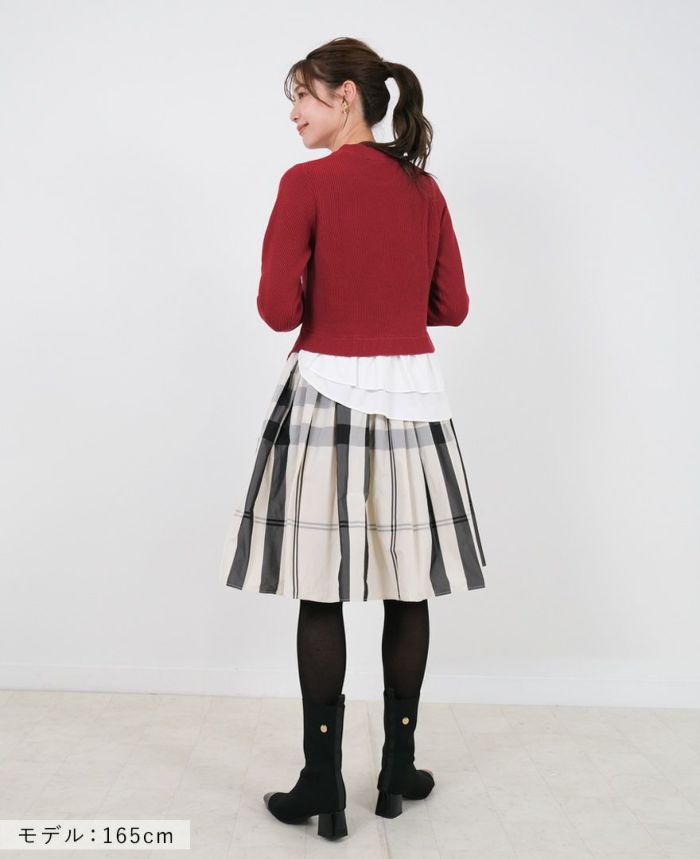 トレコード(TRECODE)黒ゴムフレアスカートモノトーンチェック柄ホワイトカラーマキシ丈