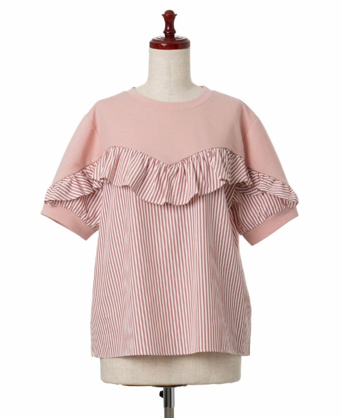 TRECODEのストライプ柄フリルドッキングTシャツ