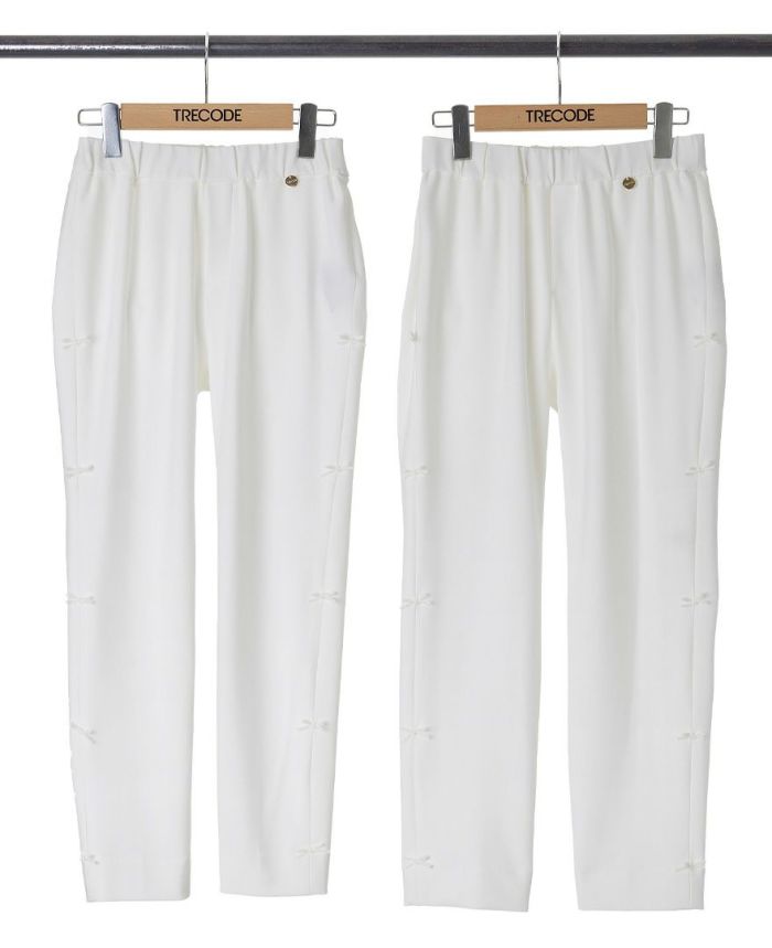 トレコード(TRECODE)サイズが選べて伸縮性抜群の ストレッチサイドリボンパンツ、清潔感漂うホワイトカラー