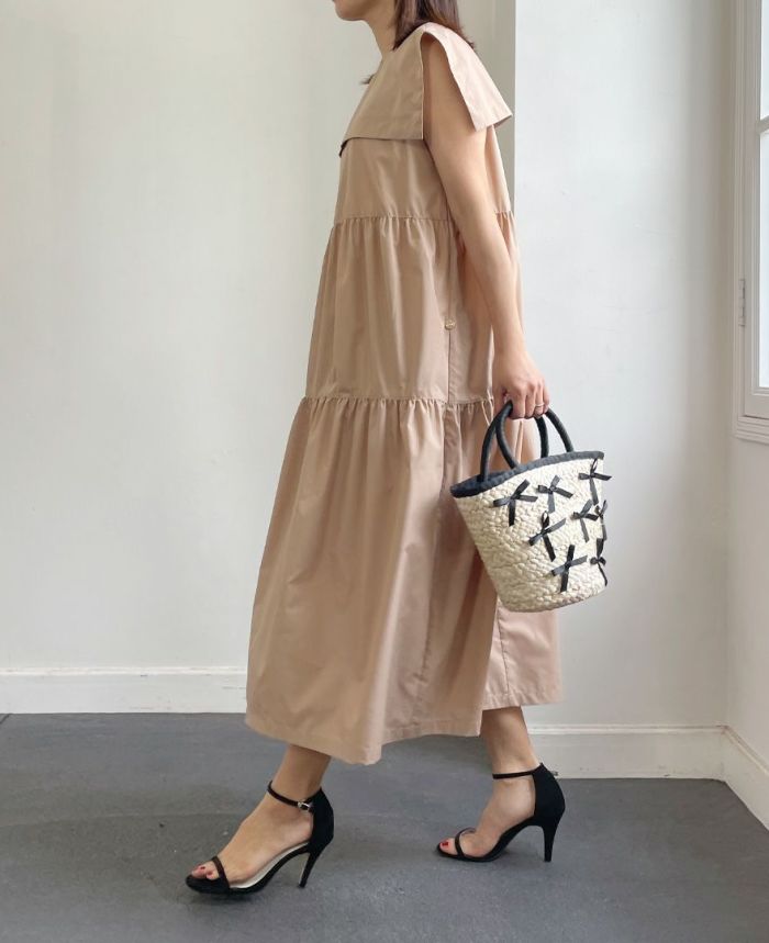 BURBERRY ストライプ セーラー襟 ワンピース 3Y オーバーダイリネン・セーラー襟ワンピース／チャコール