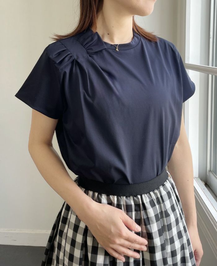 トレコード(TRECODE)肩リボンTシャツ万能ネイビーカラー