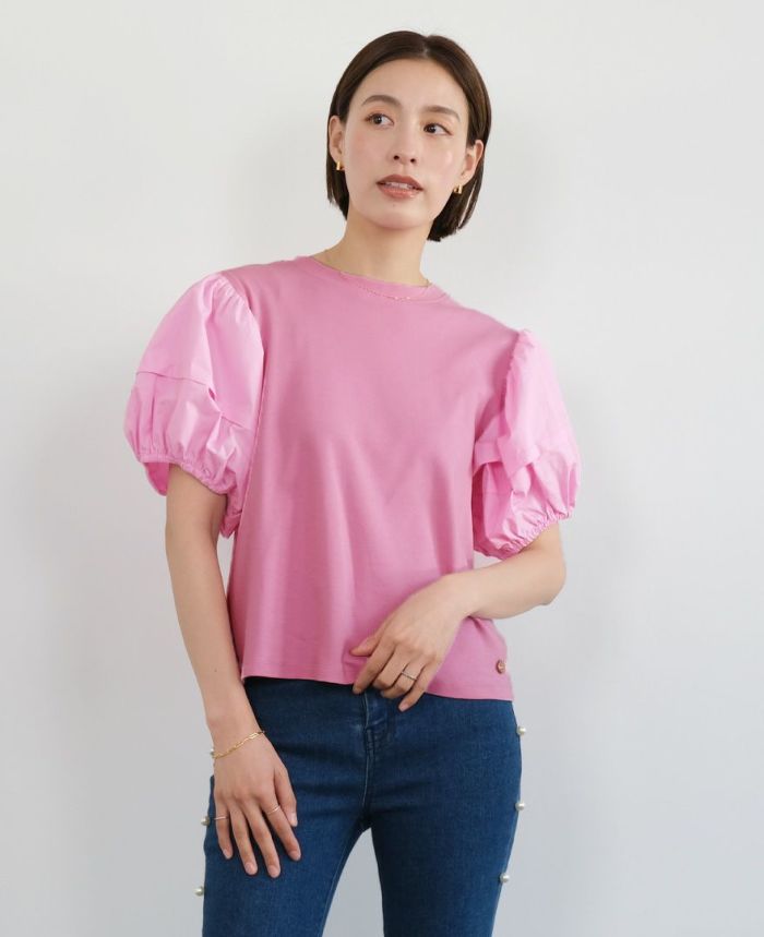 バルーン袖Tシャツピンクの着用画像