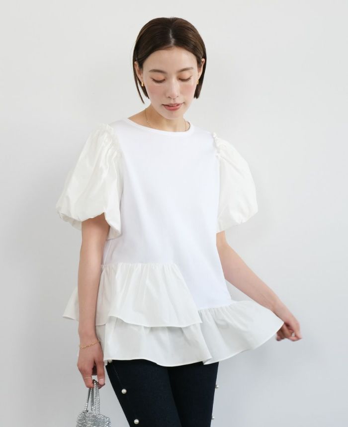 アシメフリルチュニックホワイトの着用画像