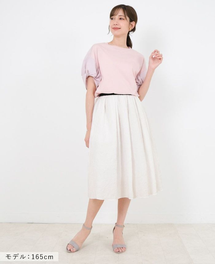 ねじり袖Tシャツピンクの着用画像