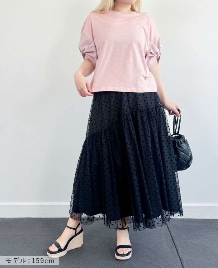 ねじり袖Tシャツピンクの着用画像