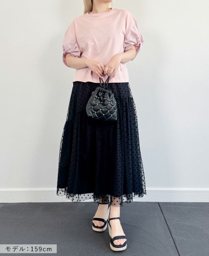 ねじり袖Tシャツピンクの着用画像