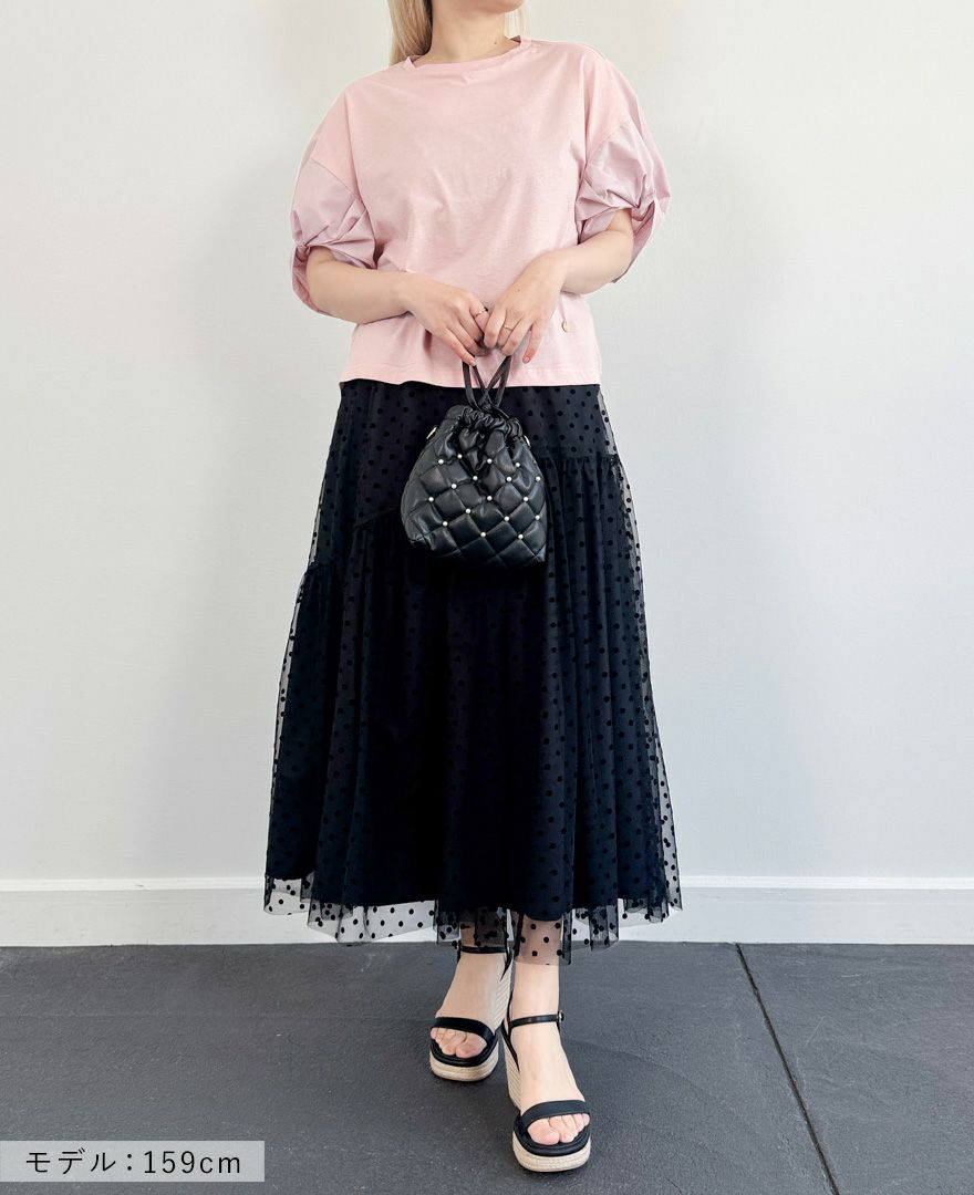 ねじり袖Tシャツピンクの着用画像