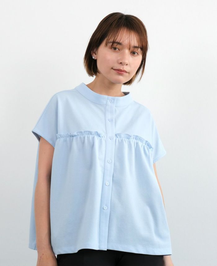 切り替えカノコブラウスのブルー着用画像