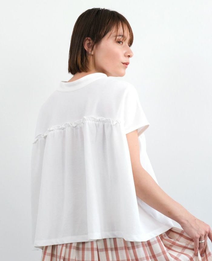 切り替えカノコブラウスのホワイト着用画像