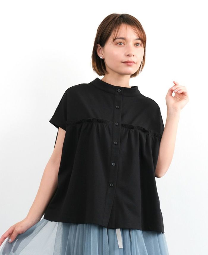 切り替えカノコブラウスブラックの着用画像