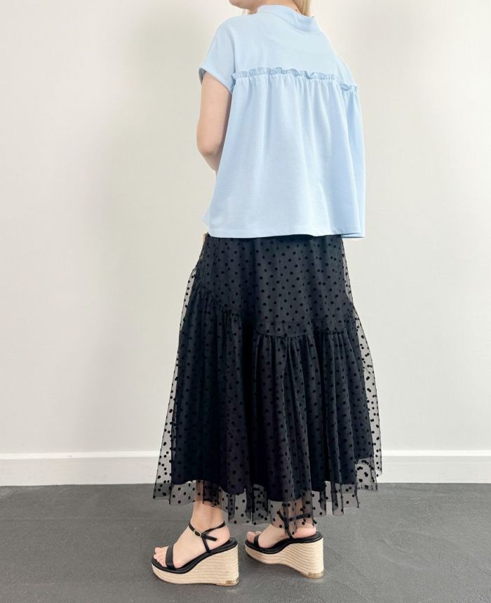 切り替えカノコブラウスブルーの着用画像