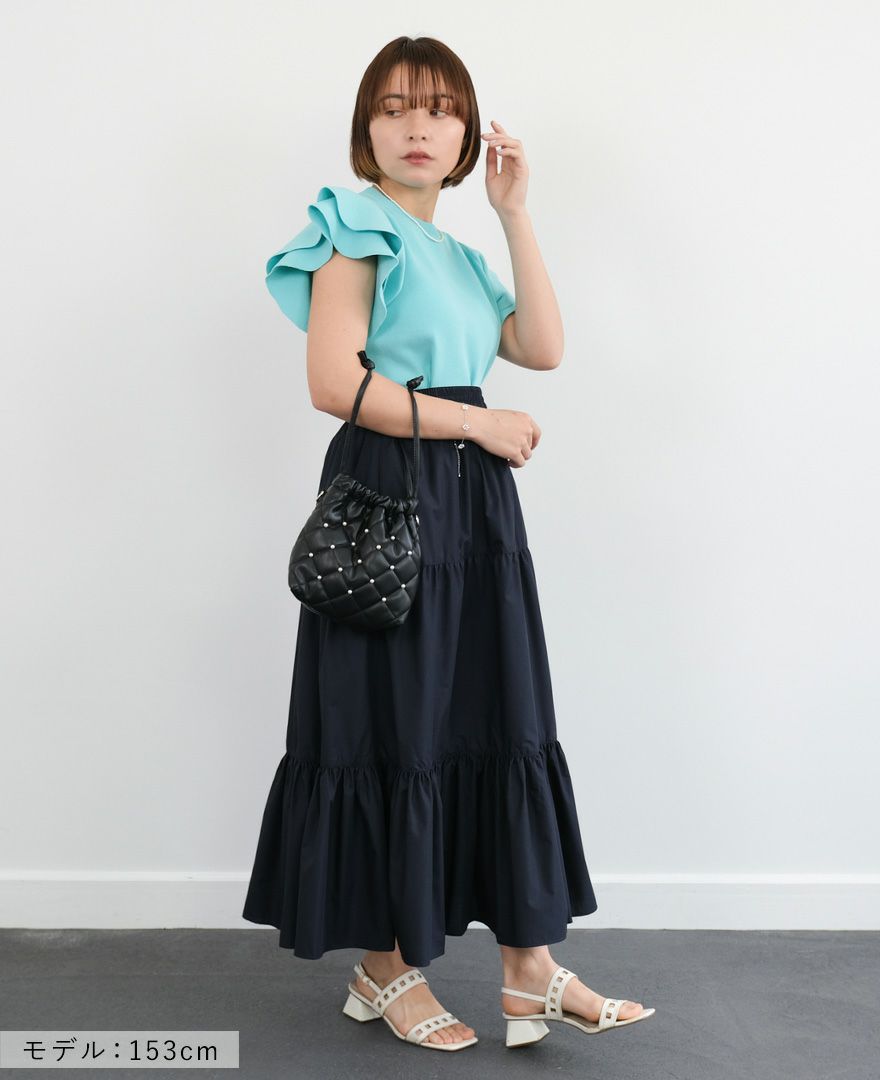 袖フリルニットターコイズの着用画像