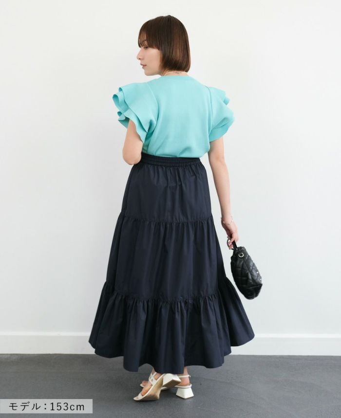 袖フリルニットターコイズの着用画像