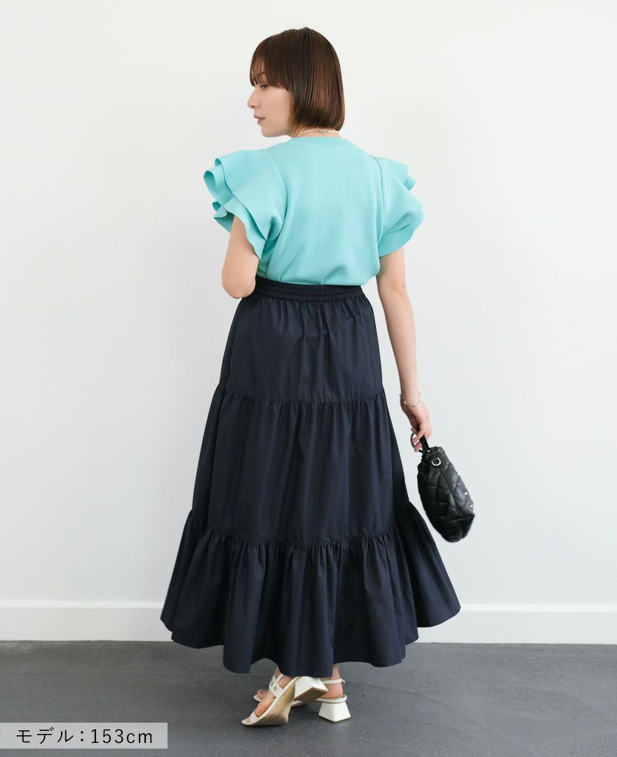 袖フリルニットターコイズの着用画像