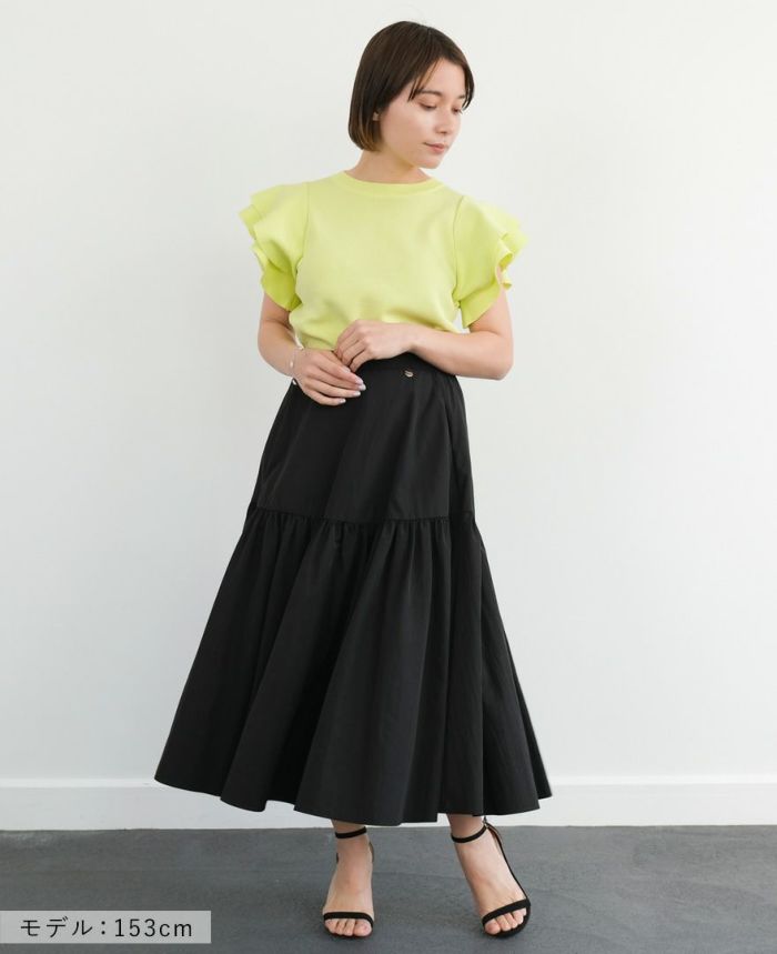 袖フリルニットイエローの着用画像