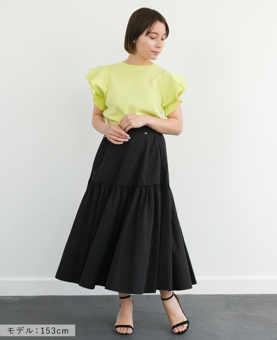 袖フリルニットイエローの着用画像