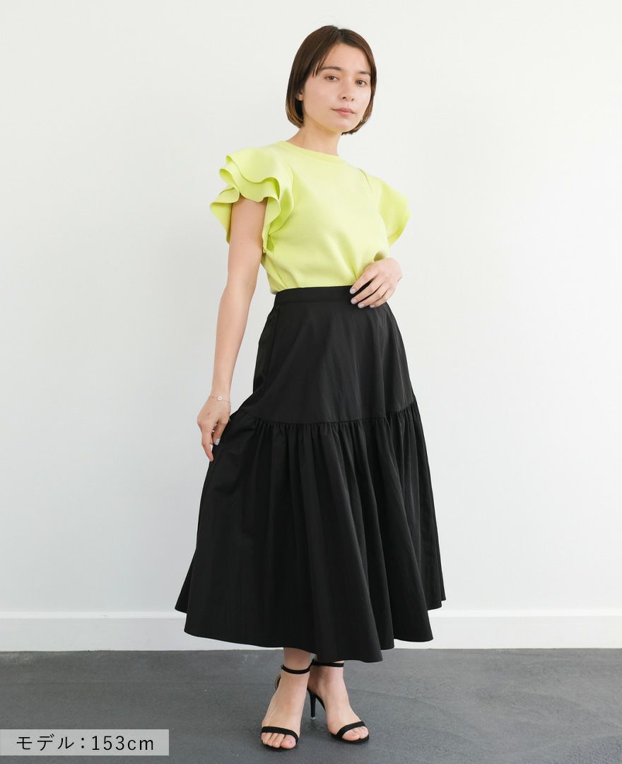 袖フリルニットイエローの着用画像