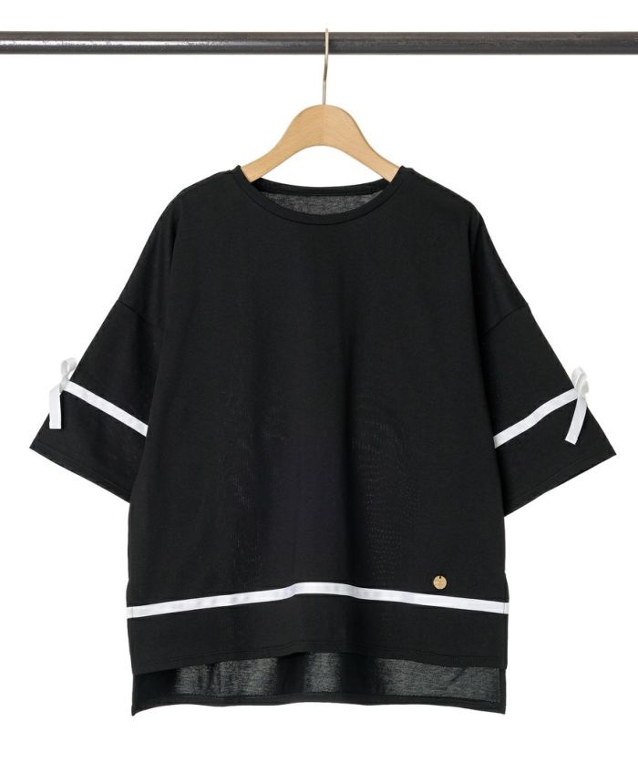 ブラックのサイドリボンTシャツ詳細画像