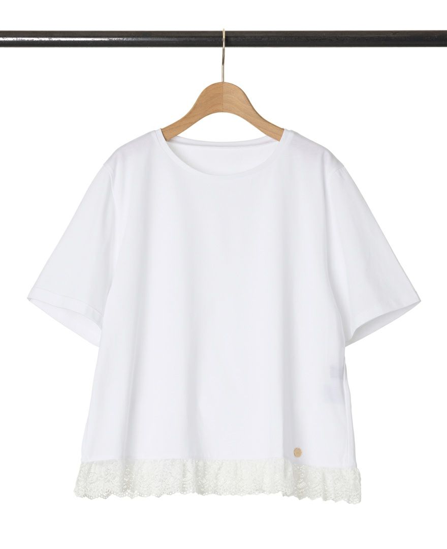 ホワイトの裾レースTシャツ詳細画像