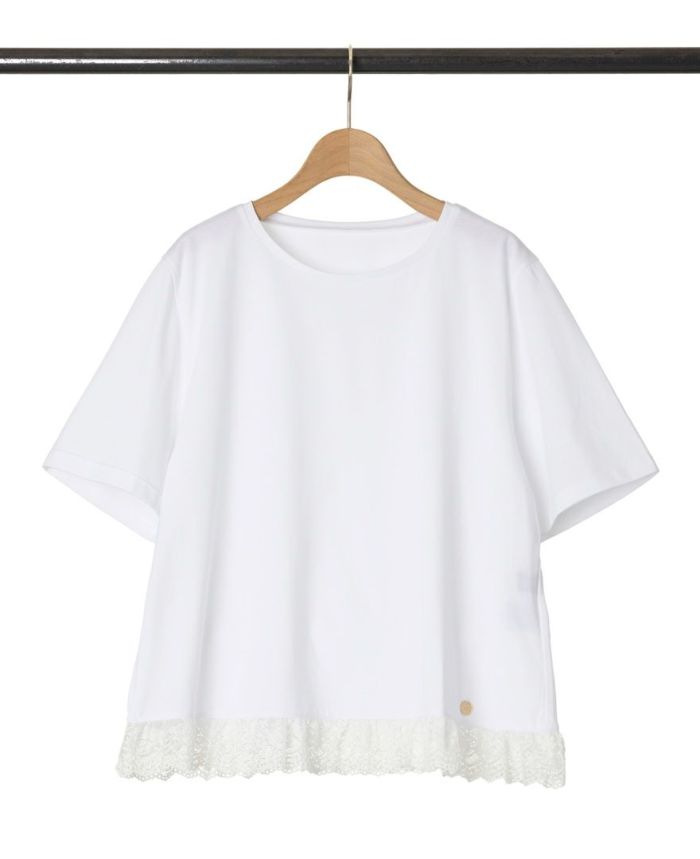 ホワイトの裾レースTシャツ詳細画像